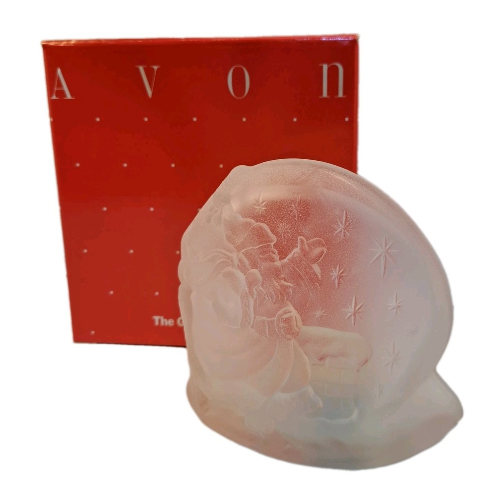 Avon Frosted Glass Santa Tea Light Candle Holder Clear Traditional w/ Box